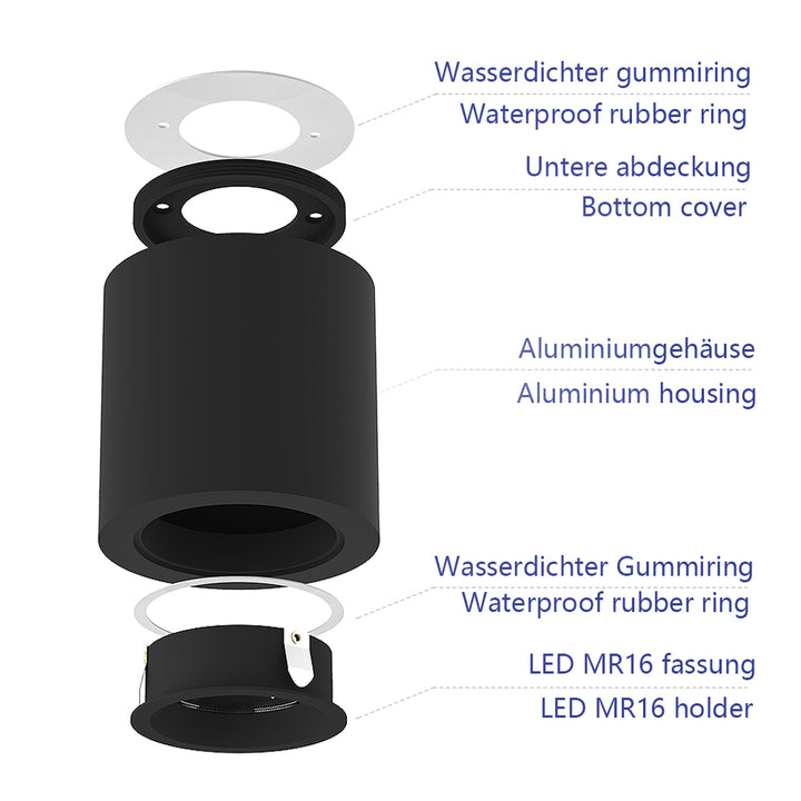 IP44 Surface mounted round black ceiling housing with flush rigid module bracket - TILLUME